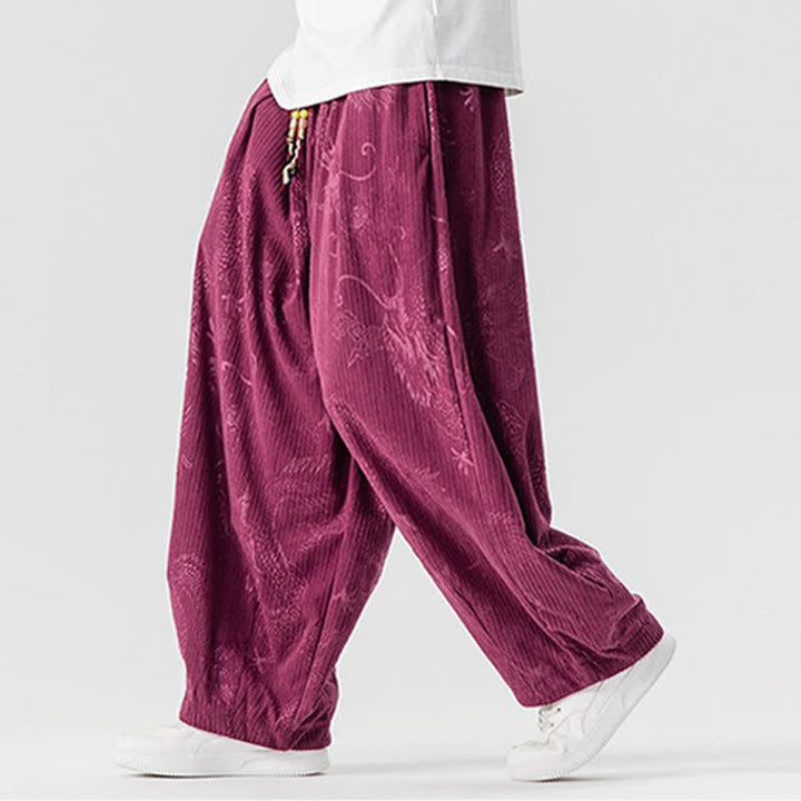 Buddha Stones Pantaloni lunghi da uomo in velluto a coste, stile vintage, casual, con coulisse e motivo drago, per autunno/inverno, modello harem con tasche. - image 10