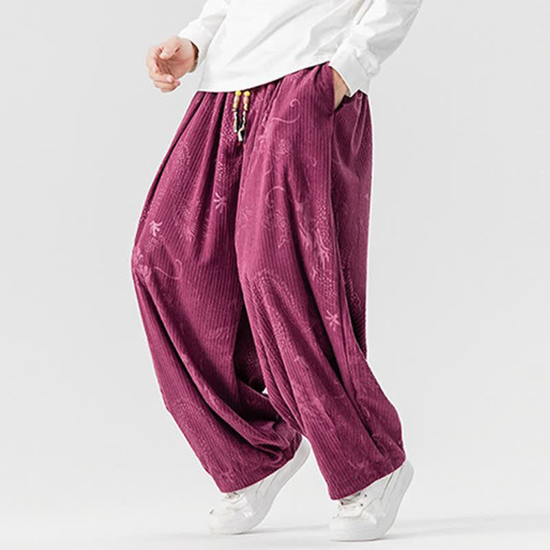 Buddha Stones Pantaloni lunghi da uomo in velluto a coste, stile vintage, casual, con coulisse e motivo drago, per autunno/inverno, modello harem con tasche. - image 9
