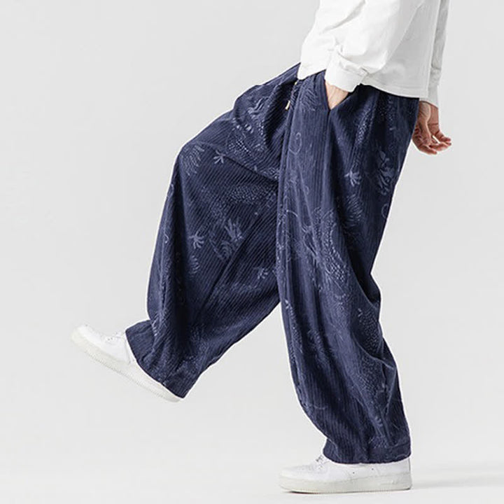 Buddha Stones Pantaloni lunghi da uomo in velluto a coste, stile vintage, casual, con coulisse e motivo drago, per autunno/inverno, modello harem con tasche. - image 13
