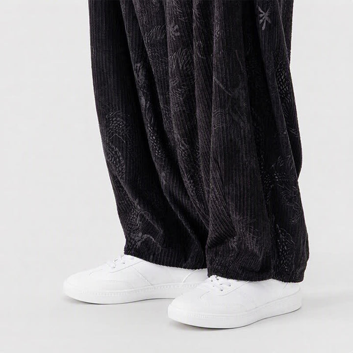 Buddha Stones Pantaloni lunghi da uomo in velluto a coste, stile vintage, casual, con coulisse e motivo drago, per autunno/inverno, modello harem con tasche. - image 22