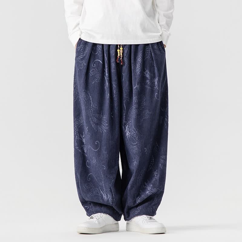 Buddha Stones Pantaloni lunghi da uomo in velluto a coste, stile vintage, casual, con coulisse e motivo drago, per autunno/inverno, modello harem con tasche. - Blu notte - US/UK/AU46, EU56 (5XL) - image 12