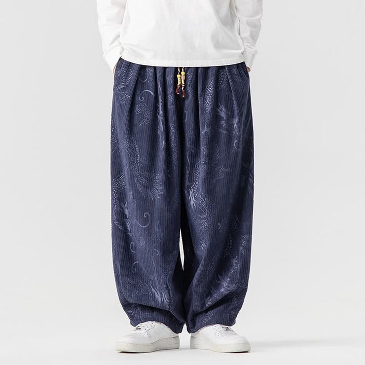 Buddha Stones Pantaloni lunghi da uomo in velluto a coste, stile vintage, casual, con coulisse e motivo drago, per autunno/inverno, modello harem con tasche. - Blu notte - US/UK/AU46, EU56 (5XL) - image 12