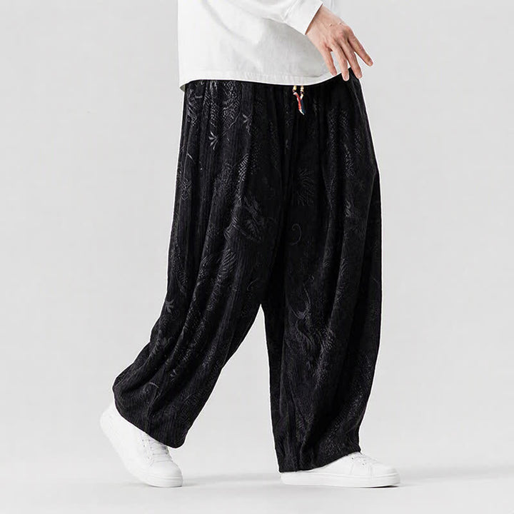 Buddha Stones Pantaloni lunghi da uomo in velluto a coste, stile vintage, casual, con coulisse e motivo drago, per autunno/inverno, modello harem con tasche. - image 16