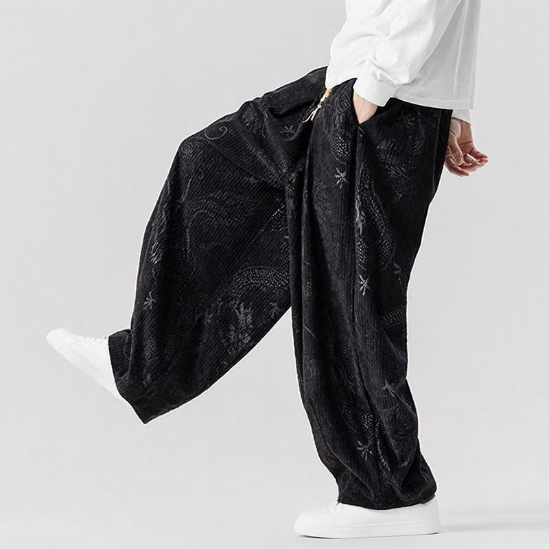 Buddha Stones Pantaloni lunghi da uomo in velluto a coste, stile vintage, casual, con coulisse e motivo drago, per autunno/inverno, modello harem con tasche. - image 18