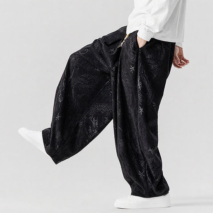 Buddha Stones Pantaloni lunghi da uomo in velluto a coste, stile vintage, casual, con coulisse e motivo drago, per autunno/inverno, modello harem con tasche. - image 18