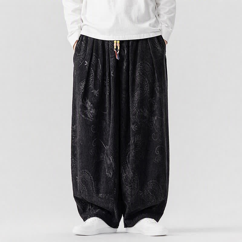 Buddha Stones Pantaloni lunghi da uomo in velluto a coste, stile vintage, casual, con coulisse e motivo drago, per autunno/inverno, modello harem con tasche. - Nero - US/UK/AU46, EU56 (5XL) - image 14
