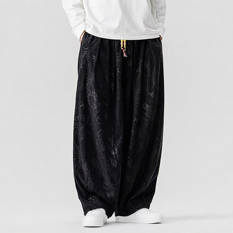 Buddha Stones Pantaloni lunghi da uomo in velluto a coste, stile vintage, casual, con coulisse e motivo drago, per autunno/inverno, modello harem con tasche. - image 15