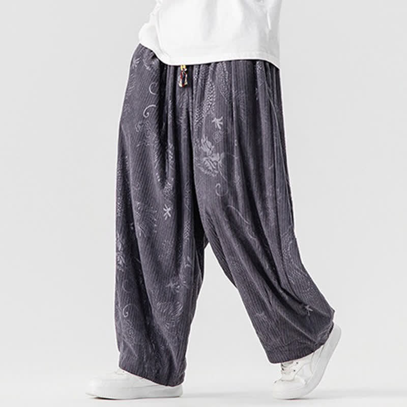 Buddha Stones Pantaloni lunghi da uomo in velluto a coste, stile vintage, casual, con coulisse e motivo drago, per autunno/inverno, modello harem con tasche. - image 24