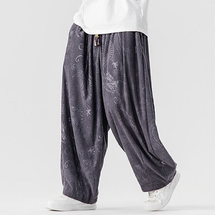 Buddha Stones Pantaloni lunghi da uomo in velluto a coste, stile vintage, casual, con coulisse e motivo drago, per autunno/inverno, modello harem con tasche. - image 24