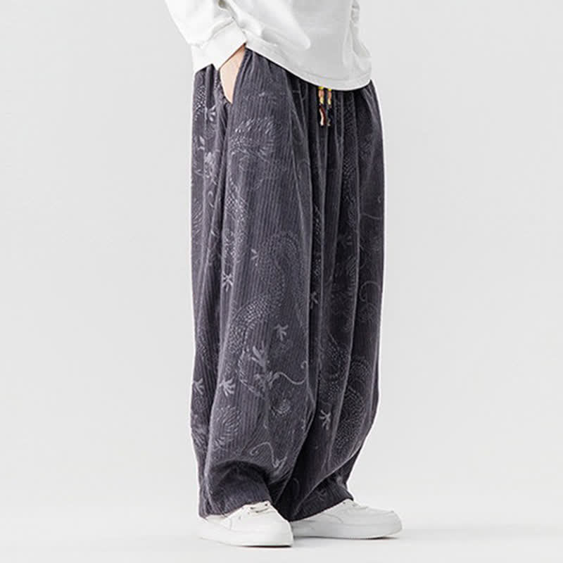 Buddha Stones Pantaloni lunghi da uomo in velluto a coste, stile vintage, casual, con coulisse e motivo drago, per autunno/inverno, modello harem con tasche. - image 25