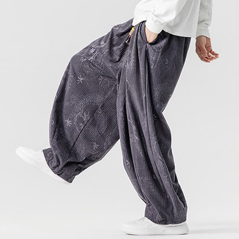 Buddha Stones Pantaloni lunghi da uomo in velluto a coste, stile vintage, casual, con coulisse e motivo drago, per autunno/inverno, modello harem con tasche. - image 29