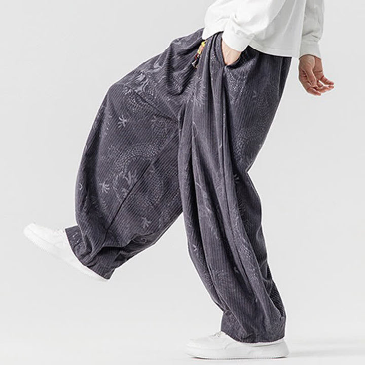 Buddha Stones Pantaloni lunghi da uomo in velluto a coste, stile vintage, casual, con coulisse e motivo drago, per autunno/inverno, modello harem con tasche. - image 29