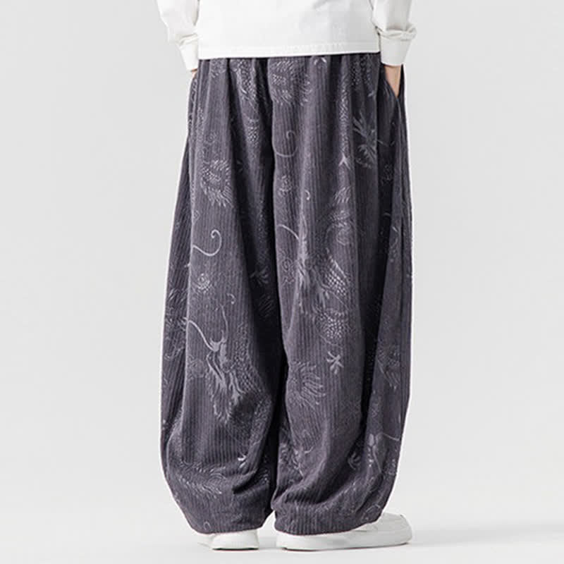Buddha Stones Pantaloni lunghi da uomo in velluto a coste, stile vintage, casual, con coulisse e motivo drago, per autunno/inverno, modello harem con tasche. - image 27