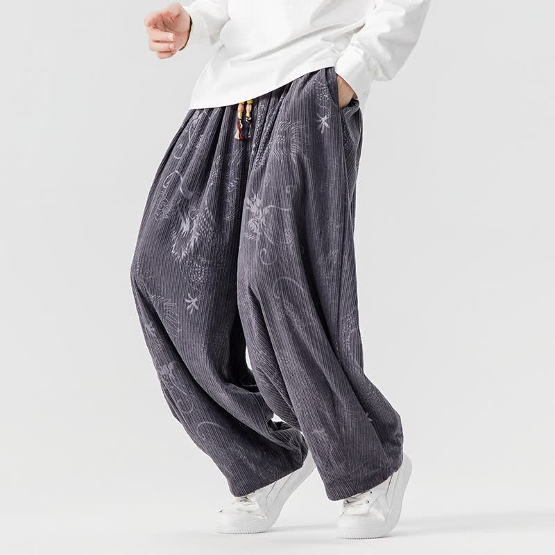 Buddha Stones Pantaloni lunghi da uomo in velluto a coste, stile vintage, casual, con coulisse e motivo drago, per autunno/inverno, modello harem con tasche. - image 30