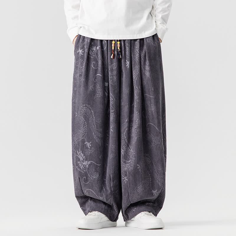 Buddha Stones Pantaloni lunghi da uomo in velluto a coste, stile vintage, casual, con coulisse e motivo drago, per autunno/inverno, modello harem con tasche. - Grigio scuro - US/UK/AU46, EU56 (5XL) - image 23