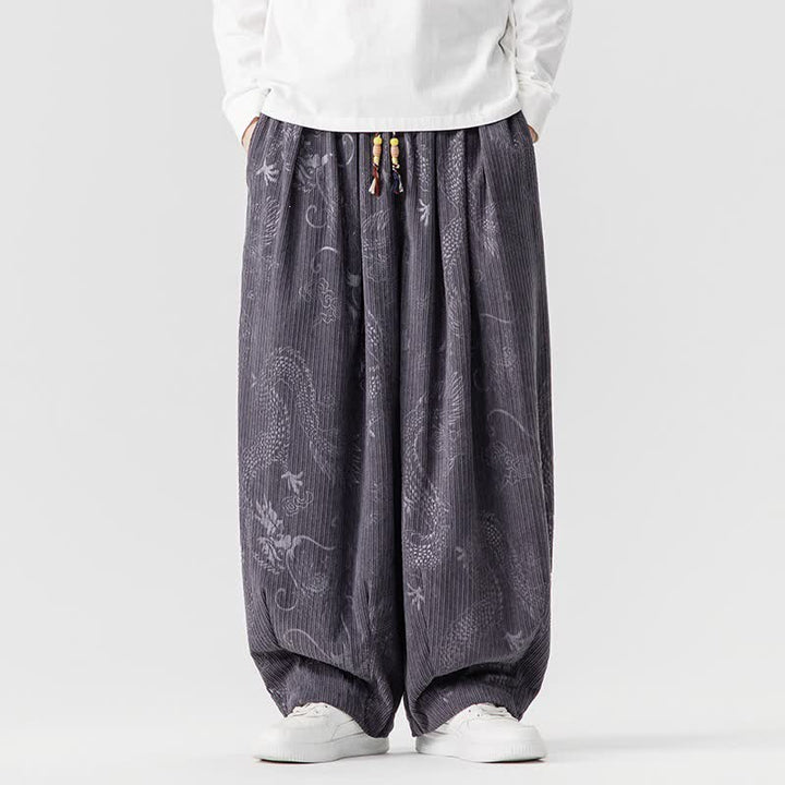 Buddha Stones Pantaloni lunghi da uomo in velluto a coste, stile vintage, casual, con coulisse e motivo drago, per autunno/inverno, modello harem con tasche. - Grigio scuro - US/UK/AU46, EU56 (5XL) - image 23