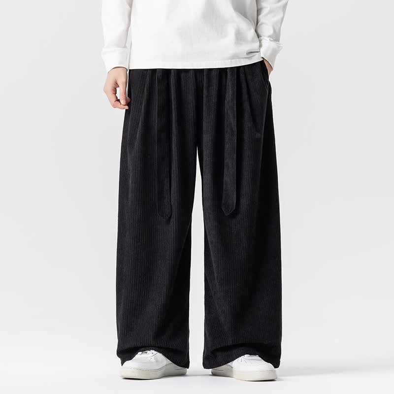 Buddha Stones Pantaloni lunghi da uomo in velluto a coste, tinta unita, stile vintage, con coulisse, per autunno/inverno, a gamba larga e tasche. - Nero - US/UK/AU46, EU56 (5XL) - image 24