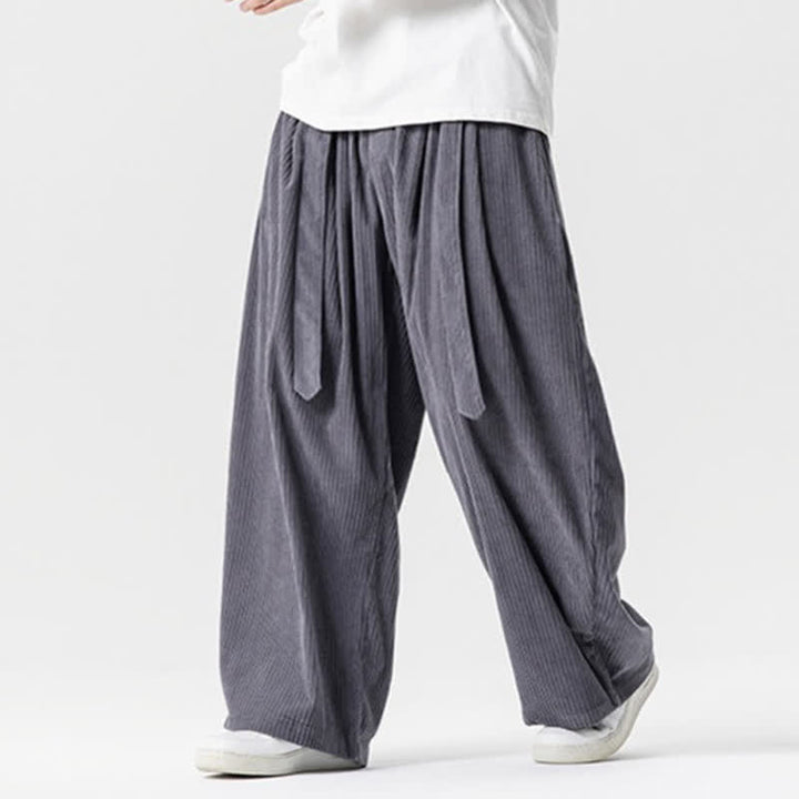 Buddha Stones Pantaloni lunghi da uomo in velluto a coste, tinta unita, stile vintage, con coulisse, per autunno/inverno, a gamba larga e tasche. - image 3