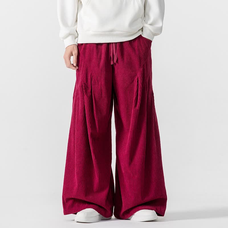Buddha Stones Pantaloni lunghi da uomo in velluto a coste, tinta unita, casual, autunno/inverno, con coulisse, gamba larga e tasche. - Cremisi - US/UK/AU46, EU56 (5XL) - image 16