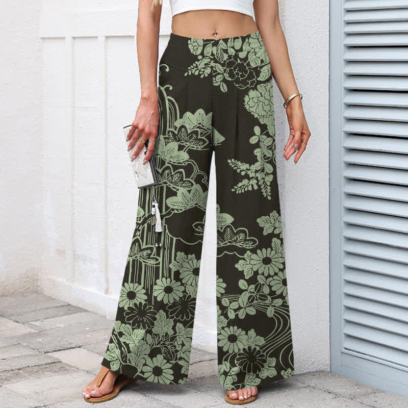 Buddha Stones Pantaloni da donna a gamba larga con elastico in vita e tasche, in cotone e lino, con fantasia floreale vintage. - image 1