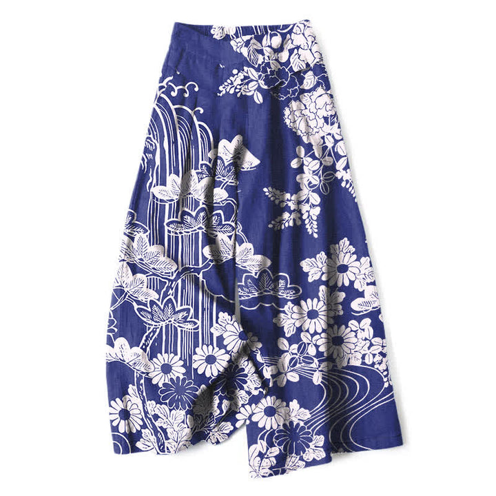 Buddha Stones Pantaloni da donna a gamba larga con elastico in vita e tasche, in cotone e lino, con fantasia floreale vintage. - Marina - US16, UK/AU20, EU48 (3XL) - image 4