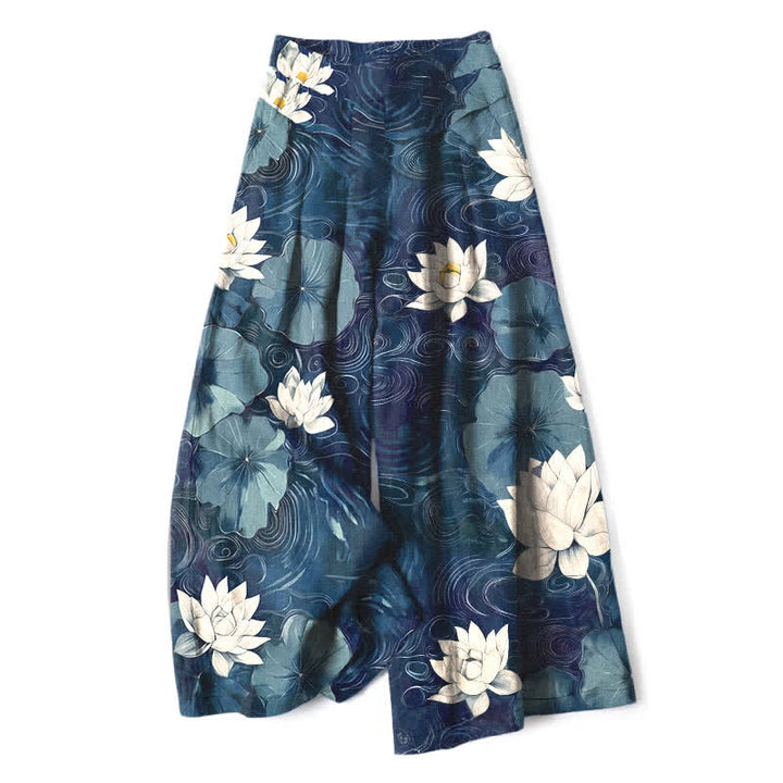 Buddha Stones Pantaloni da donna in cotone e lino con elastico in vita e gamba larga, fantasia floreale a foglie di loto e tasche. - Marina - US16, UK/AU20, EU48 (3XL) - image 4