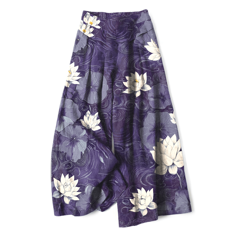 Buddha Stones Pantaloni da donna in cotone e lino con elastico in vita e gamba larga, fantasia floreale a foglie di loto e tasche. - Viola scuro - US16, UK/AU20, EU48 (3XL) - image 6