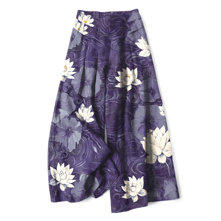 Buddha Stones Pantaloni da donna in cotone e lino con elastico in vita e gamba larga, fantasia floreale a foglie di loto e tasche. - Viola scuro - US16, UK/AU20, EU48 (3XL) - image 6