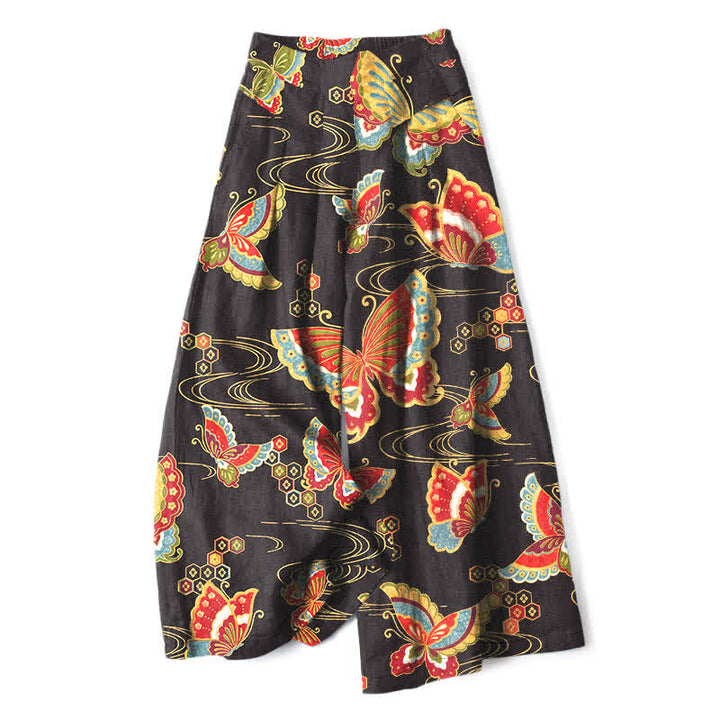 Buddha Stones Pantaloni da donna in cotone e lino, con elastico in vita e gamba larga, fantasia a farfalle colorate e tasche. - Nero - US16, UK/AU20, EU48 (3XL) - image 0