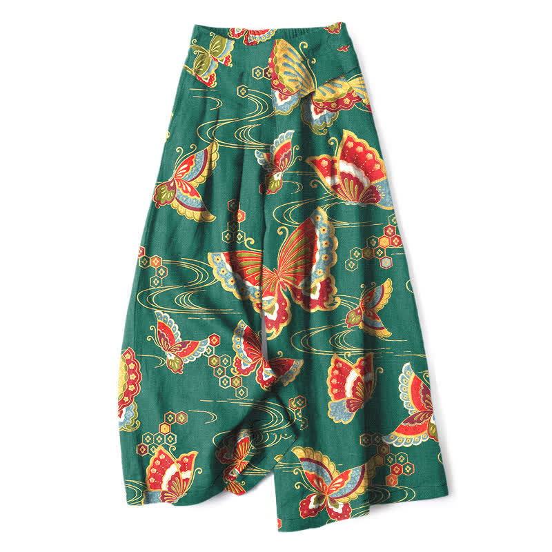 Buddha Stones Pantaloni da donna in cotone e lino, con elastico in vita e gamba larga, fantasia a farfalle colorate e tasche. - Verde acqua - US16, UK/AU20, EU48 (3XL) - image 4