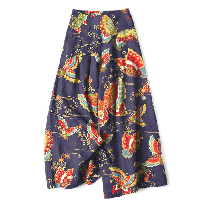 Buddha Stones Pantaloni da donna in cotone e lino, con elastico in vita e gamba larga, fantasia a farfalle colorate e tasche. - Indaco - US16, UK/AU20, EU48 (3XL) - image 6