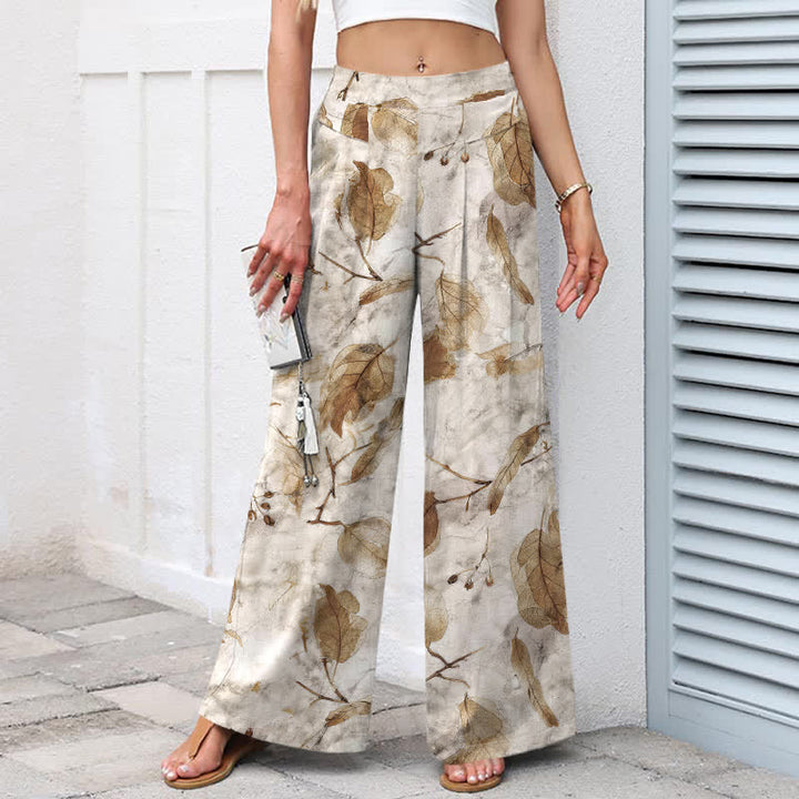 Buddha Stones Pantaloni da donna a gamba larga con elastico in vita e tasche, in cotone e lino, con fantasia botanica a foglie. - image 1