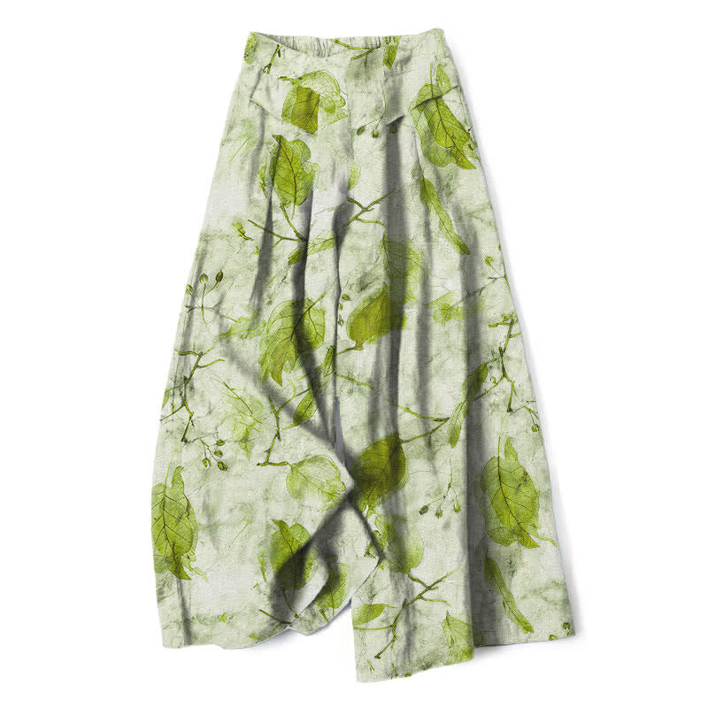 Buddha Stones Pantaloni da donna a gamba larga con elastico in vita e tasche, in cotone e lino, con fantasia botanica a foglie. - Verde pallido - US16, UK/AU20, EU48 (3XL) - image 4