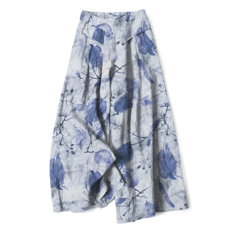 Buddha Stones Pantaloni da donna a gamba larga con elastico in vita e tasche, in cotone e lino, con fantasia botanica a foglie. - Blu acciaio chiaro - US16, UK/AU20, EU48 (3XL) - image 6
