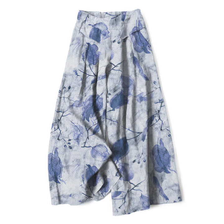 Buddha Stones Pantaloni da donna a gamba larga con elastico in vita e tasche, in cotone e lino, con fantasia botanica a foglie. - Blu acciaio chiaro - US16, UK/AU20, EU48 (3XL) - image 6