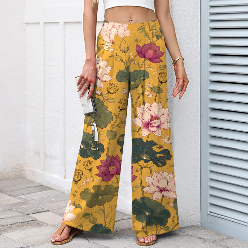 Buddha Stones Pantaloni da donna in cotone e lino con elastico in vita e gamba larga, fantasia a fiori di loto tropicali, con tasche. - image 1