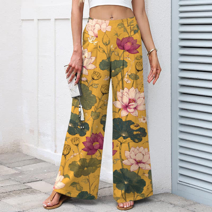 Buddha Stones Pantaloni da donna in cotone e lino con elastico in vita e gamba larga, fantasia a fiori di loto tropicali, con tasche. - image 1