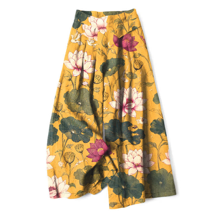 Buddha Stones Pantaloni da donna in cotone e lino con elastico in vita e gamba larga, fantasia a fiori di loto tropicali, con tasche. - Verga d'oro - US16, UK/AU20, EU48 (3XL) - image 0