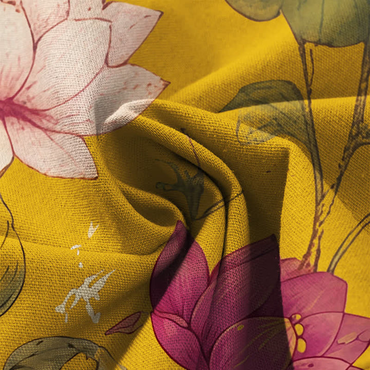 Buddha Stones Pantaloni da donna in cotone e lino con elastico in vita e gamba larga, fantasia a fiori di loto tropicali, con tasche. - image 3