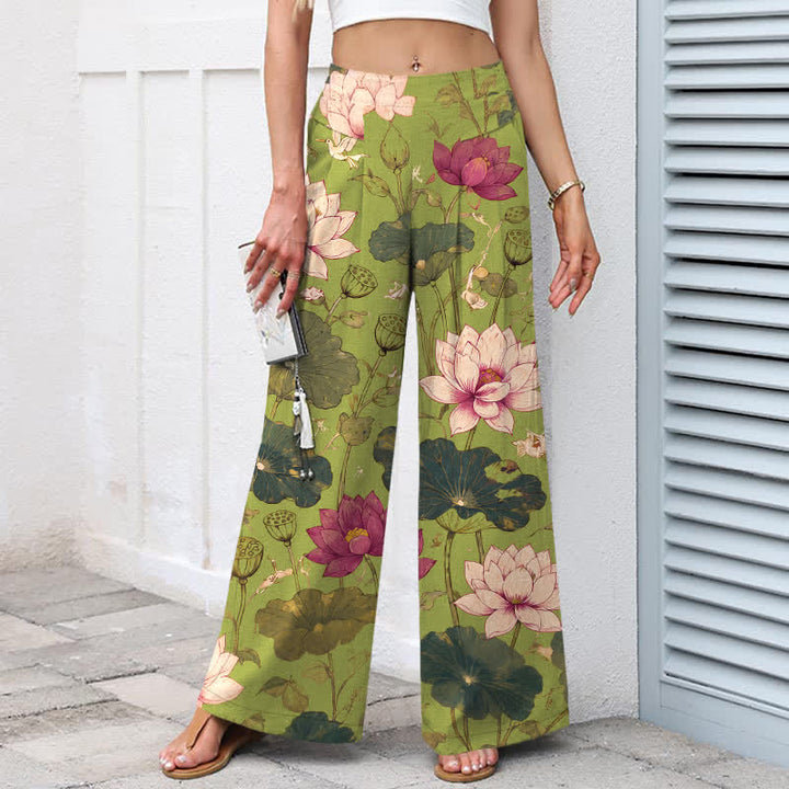 Buddha Stones Pantaloni da donna in cotone e lino con elastico in vita e gamba larga, fantasia a fiori di loto tropicali, con tasche. - image 5