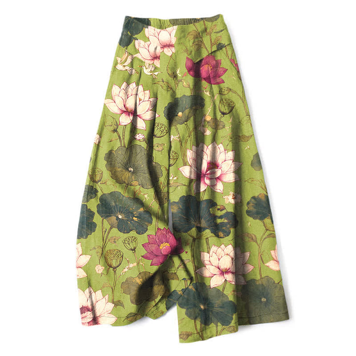 Buddha Stones Pantaloni da donna in cotone e lino con elastico in vita e gamba larga, fantasia a fiori di loto tropicali, con tasche. - GialloVerde - US16, UK/AU20, EU48 (3XL) - image 4