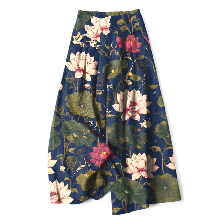 Buddha Stones Pantaloni da donna in cotone e lino con elastico in vita e gamba larga, fantasia a fiori di loto tropicali, con tasche. - Marina - US16, UK/AU20, EU48 (3XL) - image 6