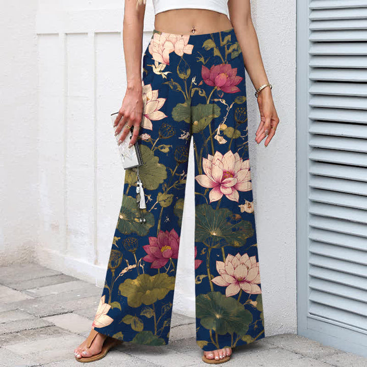Buddha Stones Pantaloni da donna in cotone e lino con elastico in vita e gamba larga, fantasia a fiori di loto tropicali, con tasche. - image 7