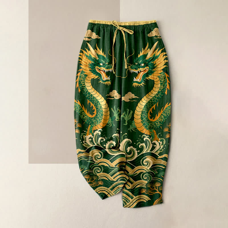 Buddha Stones Pantaloni da donna in puro cotone con elastico in vita e tasche, fantasia a onde e drago gemello. - Verde studentesco - US16, UK/AU20, EU48 (3XL) - image 4