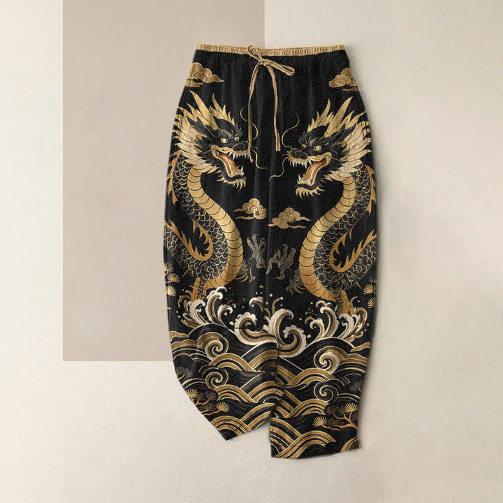Buddha Stones Pantaloni da donna in puro cotone con elastico in vita e tasche, fantasia a onde e drago gemello. - Nero - US16, UK/AU20, EU48 (3XL) - image 5