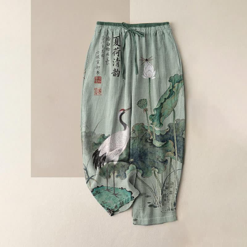 Buddha Stones Pantaloni da donna in puro cotone con elastico in vita e tasche, fantasia a inchiostro di loto e gru. - Verde Mare Scuro - US16, UK/AU20, EU48 (3XL) - image 3