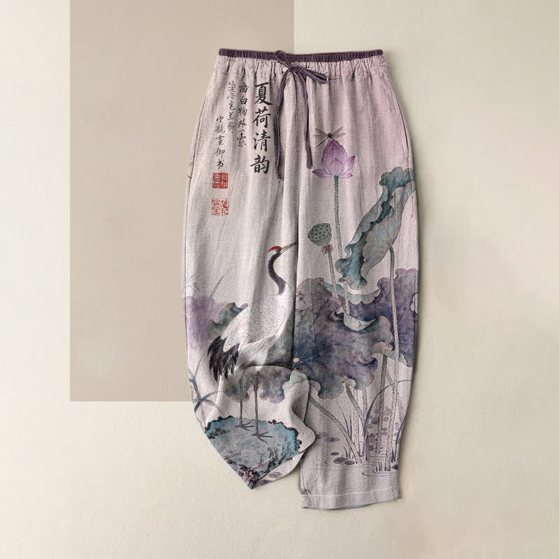 Buddha Stones Pantaloni da donna in puro cotone con elastico in vita e tasche, fantasia a inchiostro di loto e gru. - Cardo - US16, UK/AU20, EU48 (3XL) - image 4