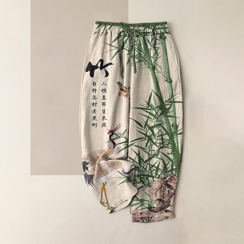 Buddha Stones Pantaloni da donna in puro cotone con elastico in vita e tasche, fantasia artistica a gru di bambù. - Bianco antico - US16, UK/AU20, EU48 (3XL) - image 0