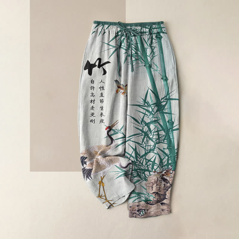 Buddha Stones Pantaloni da donna in puro cotone con elastico in vita e tasche, fantasia artistica a gru di bambù. - Azzurro polvere - US16, UK/AU20, EU48 (3XL) - image 3
