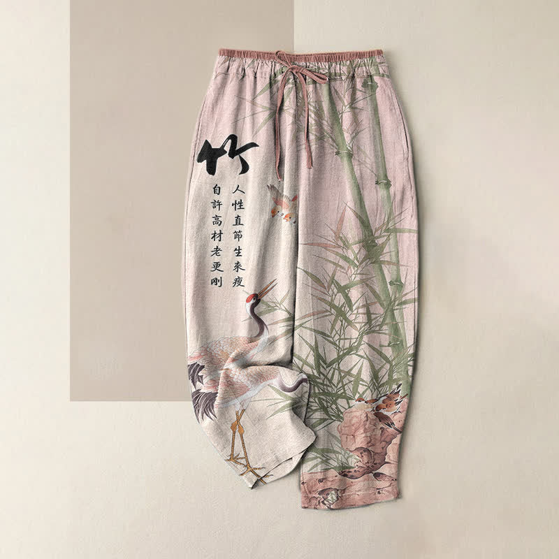 Buddha Stones Pantaloni da donna in puro cotone con elastico in vita e tasche, fantasia artistica a gru di bambù. - Lavanda Rosa - US16, UK/AU20, EU48 (3XL) - image 4